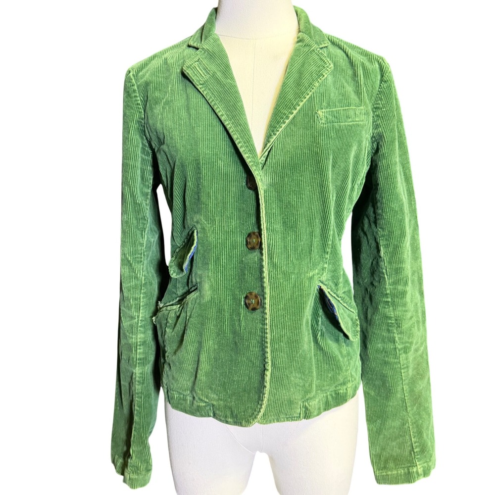 American Eagle Green Corduroy Blazer Jacket Size M Plaid Trim Stretch Y2K Indie